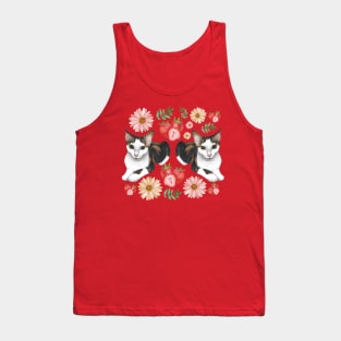 Calico Cat with Strawberries Daisies and Leaves Tank Top